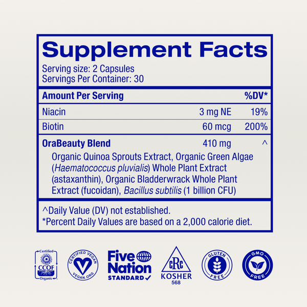 Be You Tiful: Organic Skin & Hair Beauty Support Capsules Supplement Facts Label