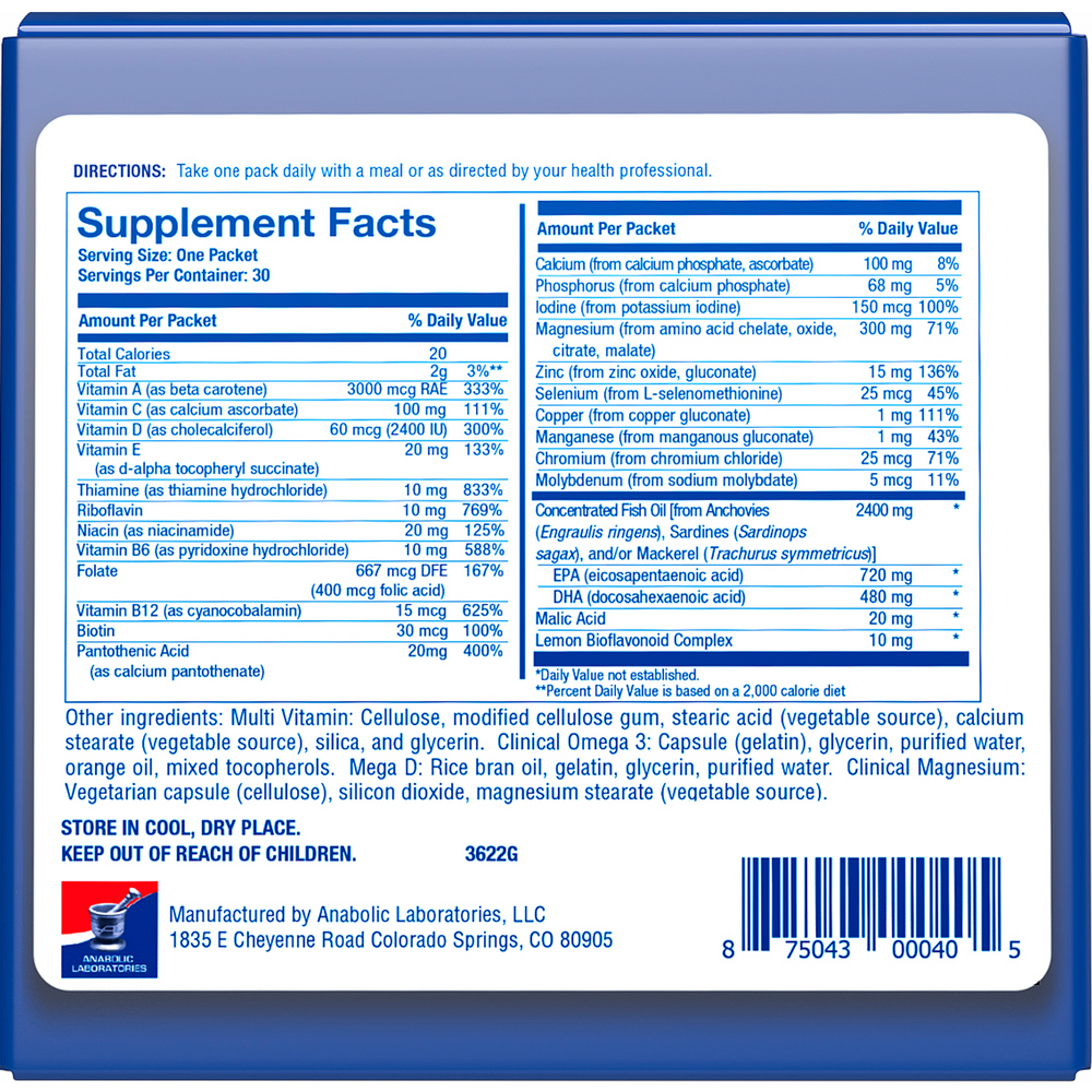 Essential Nutrition Pack Supplement Facts Label