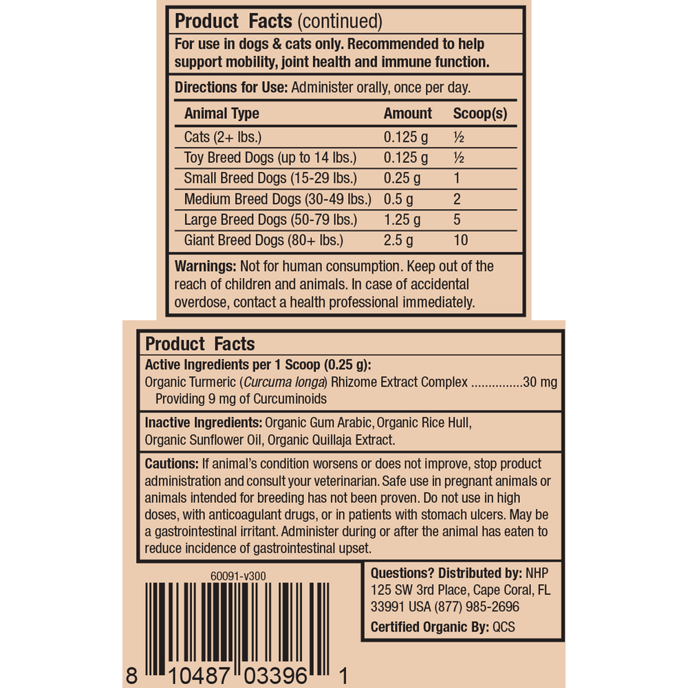 Organic Curcumin Extract for Cats & Dogs Supplement Facts Label
