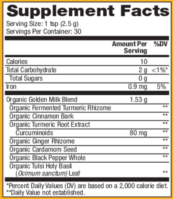 Solspring Organic Golden Milk Supplement Facts Label