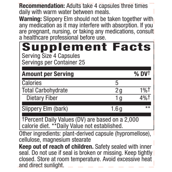 Slippery Elm Bark 400 mg Supplement Facts Label