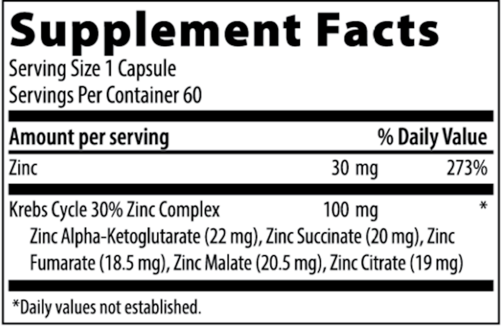 Krebs Zinc Supplement Facts Label