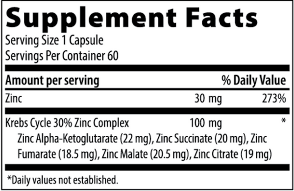 Krebs Zinc Supplement Facts Label