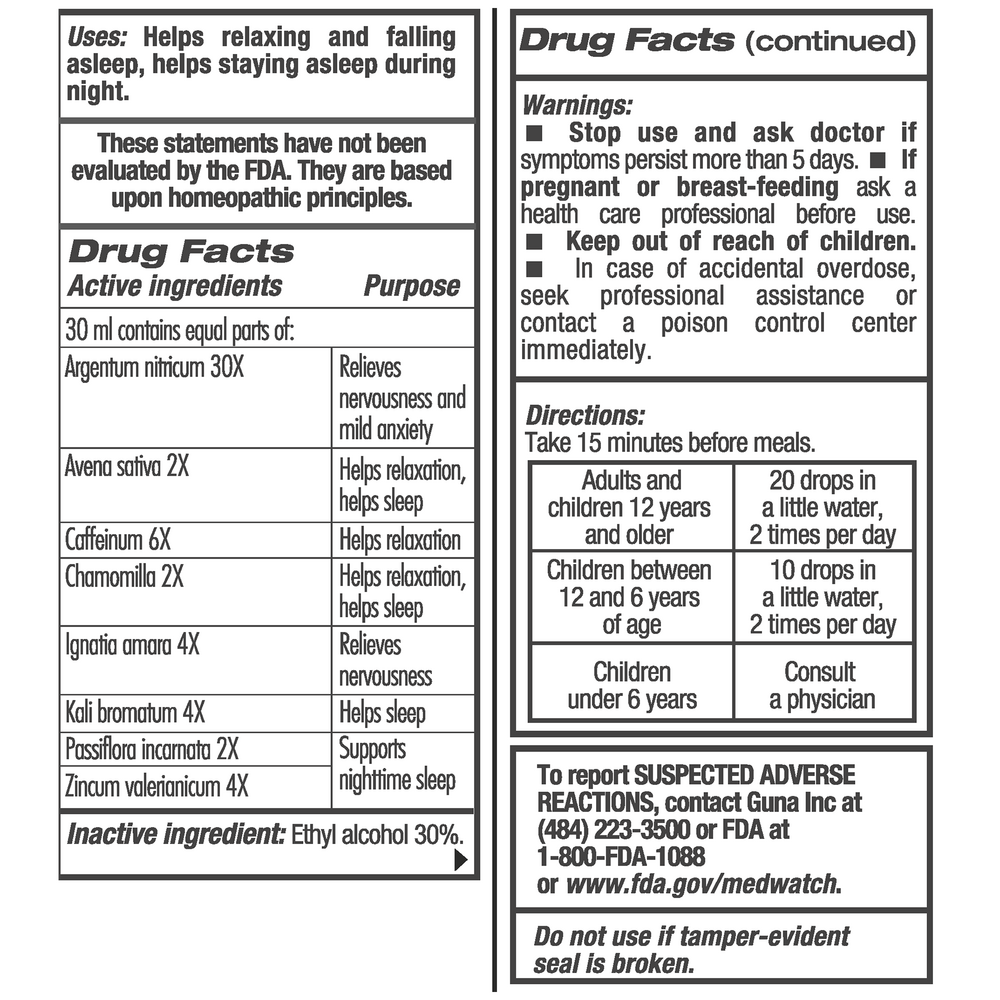 GUNA-Sleep Support Supplement Facts Label