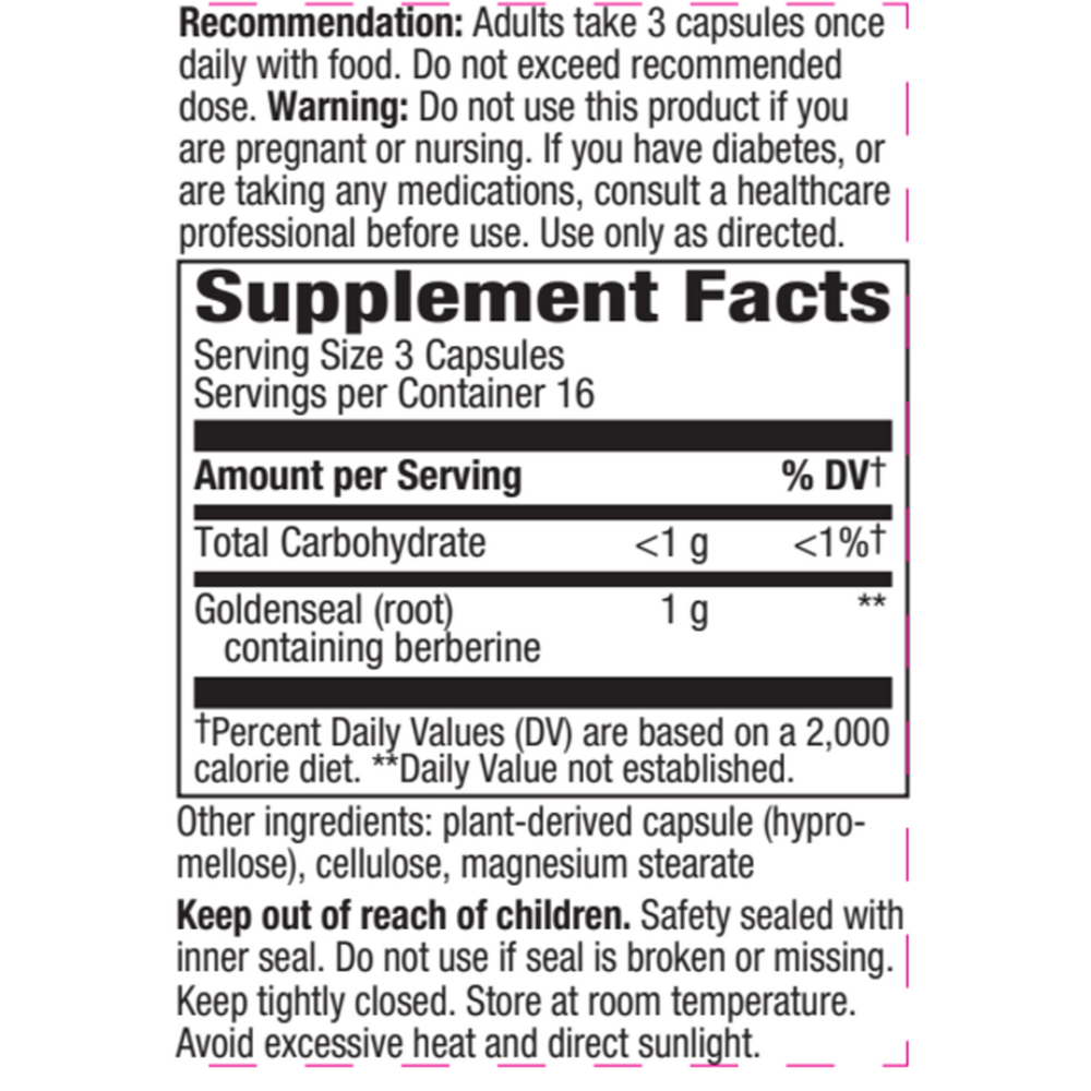 Goldenseal Root veg capsules 100 Count Supplement Facts Label