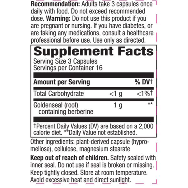 Goldenseal Root veg capsules 100 Count Supplement Facts Label
