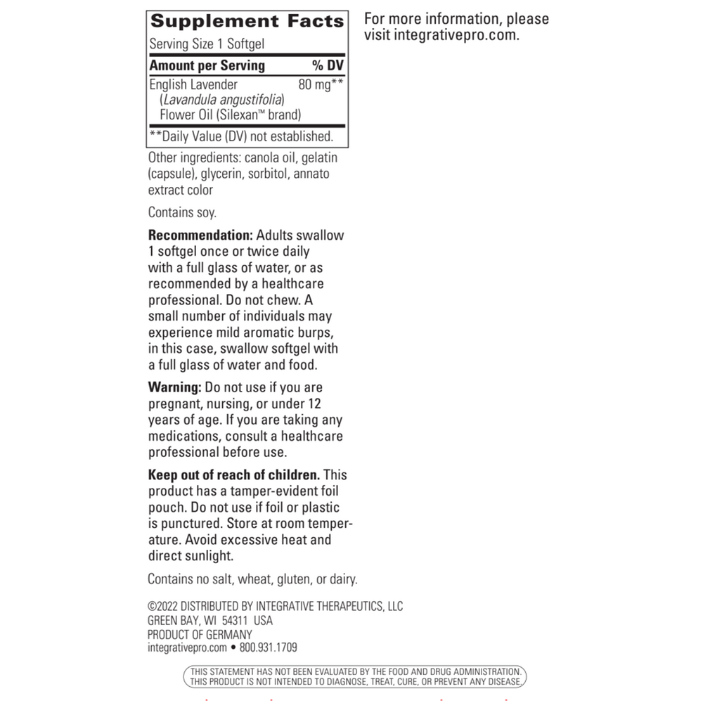 Lavela Ws 1265 - Lavender Oil Softgels - Silexin Supplement Facts Label