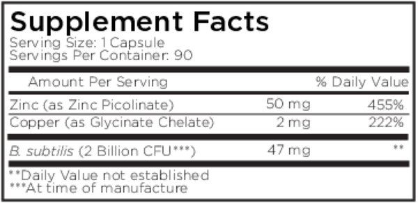 Zinc/Copper + Probiotics Supplement Facts Label