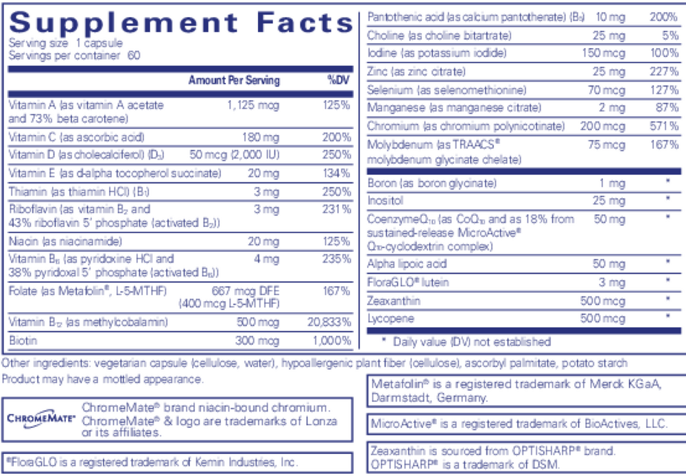 O.N.E. Multivitamin 60 Count Supplement Facts Label