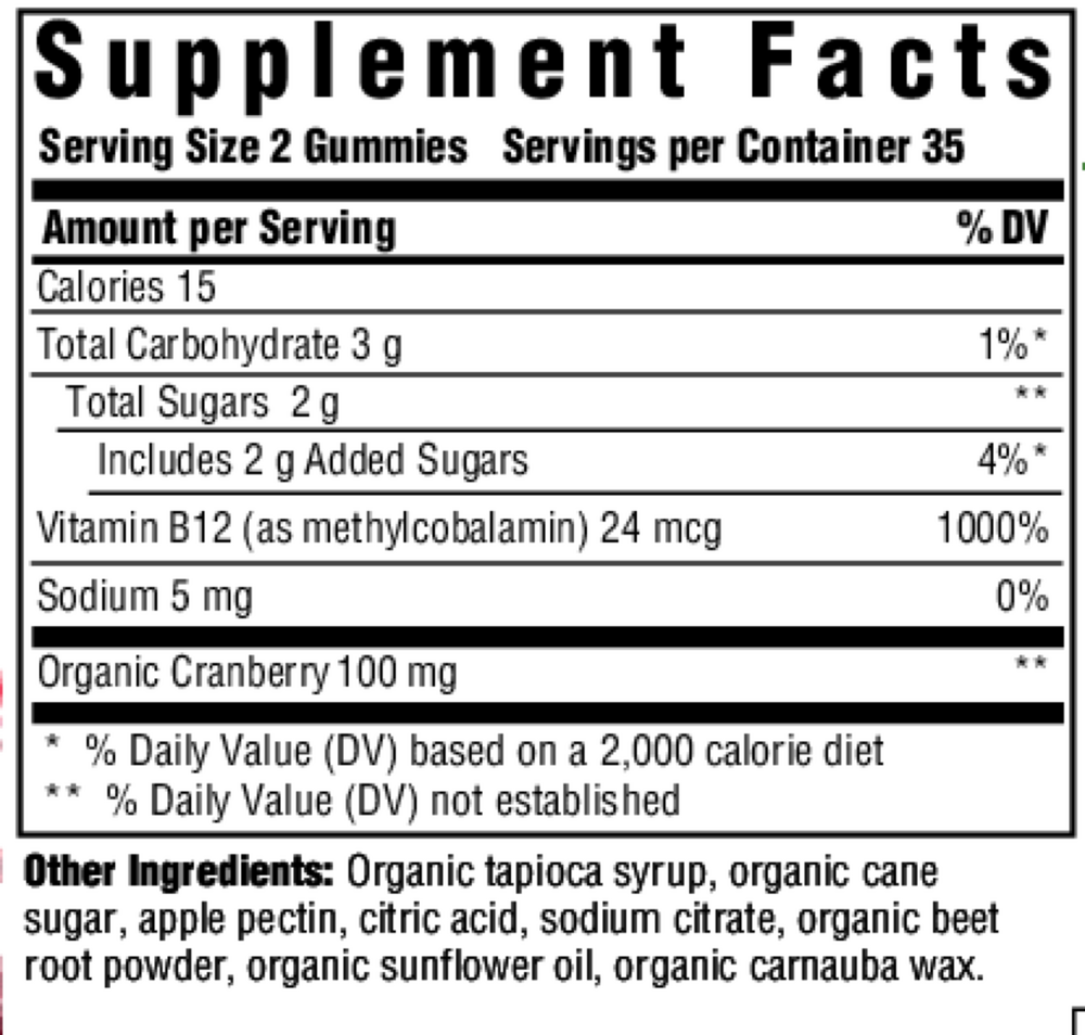 B12 Energy Cranberry Supplement Facts Label