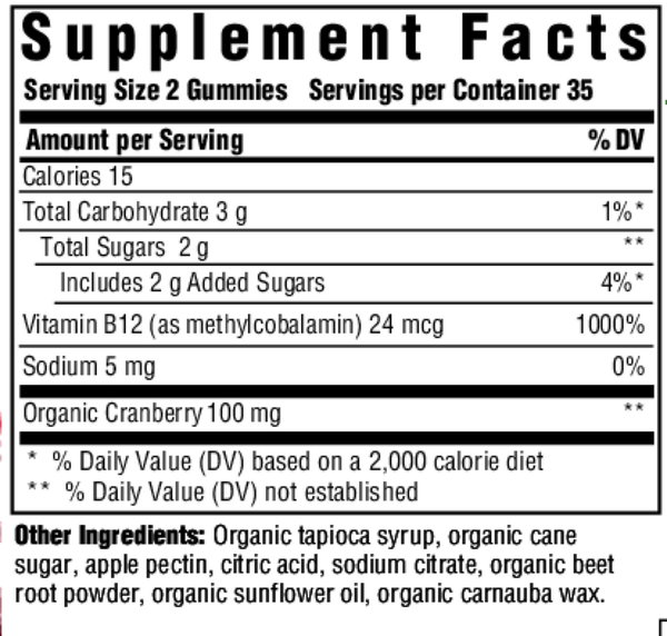 B12 Energy Cranberry Supplement Facts Label