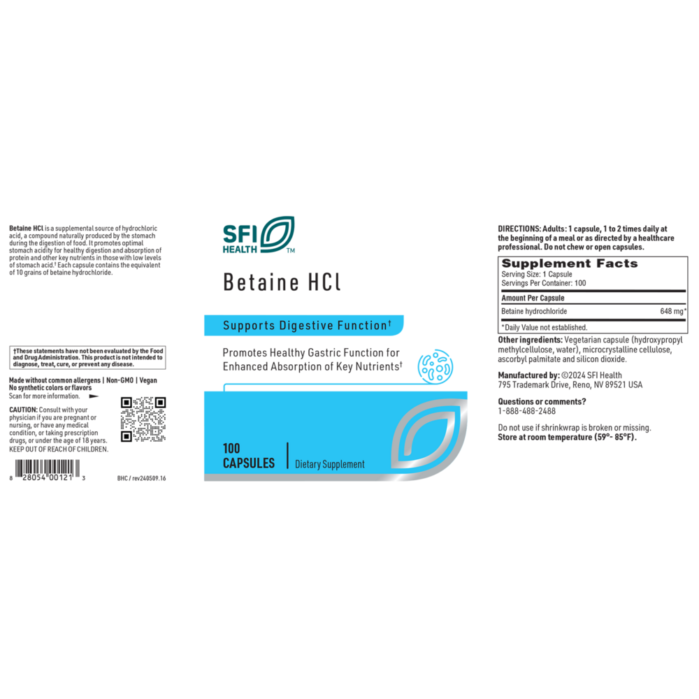Betaine HCl Supplement Facts Label