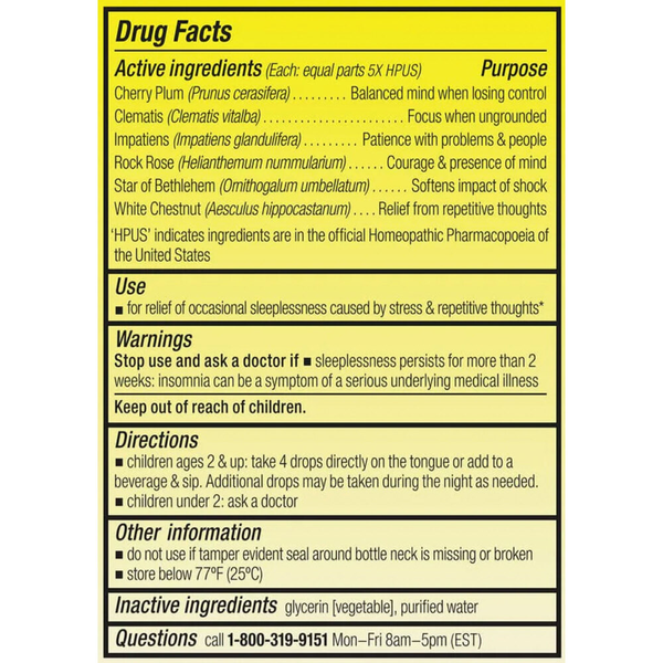 Rescue Sleep Kids Dropper Supplement Facts Label