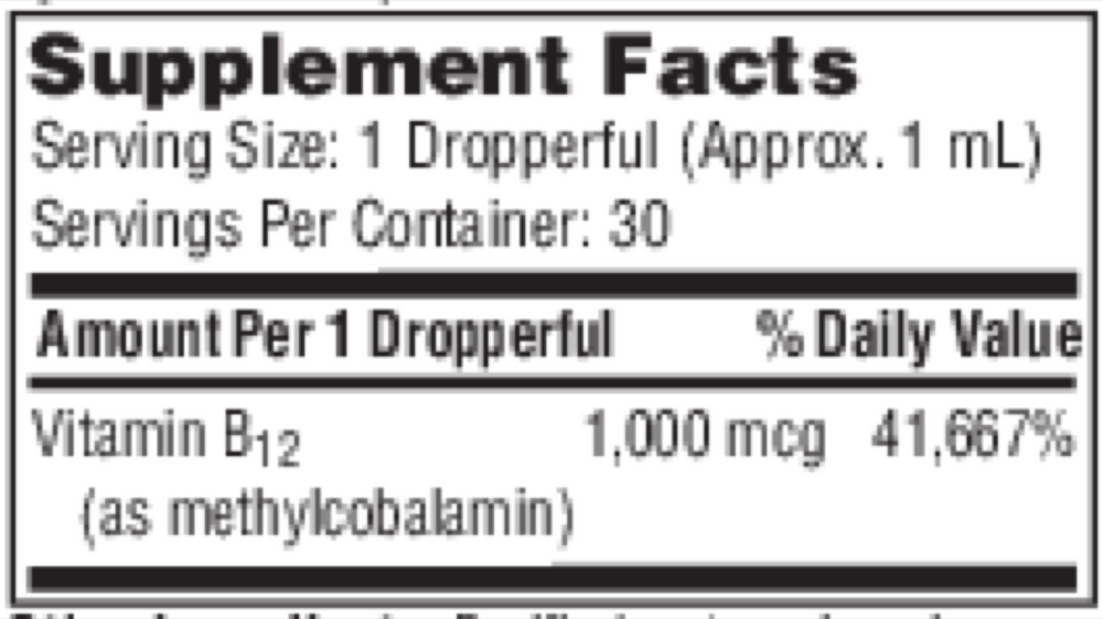 Vitamin B12 (Methylcobalamin) Supplement Facts Label
