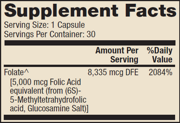 Methyl Folate 5 mg Supplement Facts Label