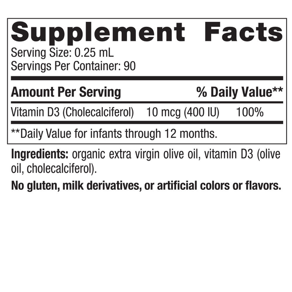 Baby's Vitamin D3 Liquid Supplement Facts Label