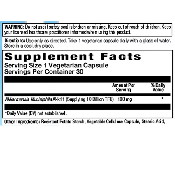 Akkermansia Postbiotic Supplement Facts Label