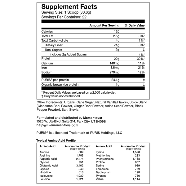 Plant Protein - Vanilla Spice Supplement Facts Label