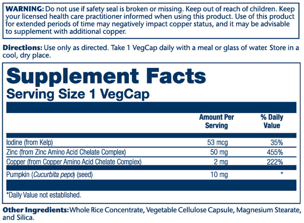 Zinc Copper Amino Acid Chelate Supplement Facts Label
