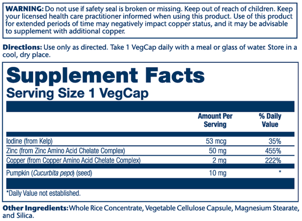 Zinc Copper Amino Acid Chelate Supplement Facts Label