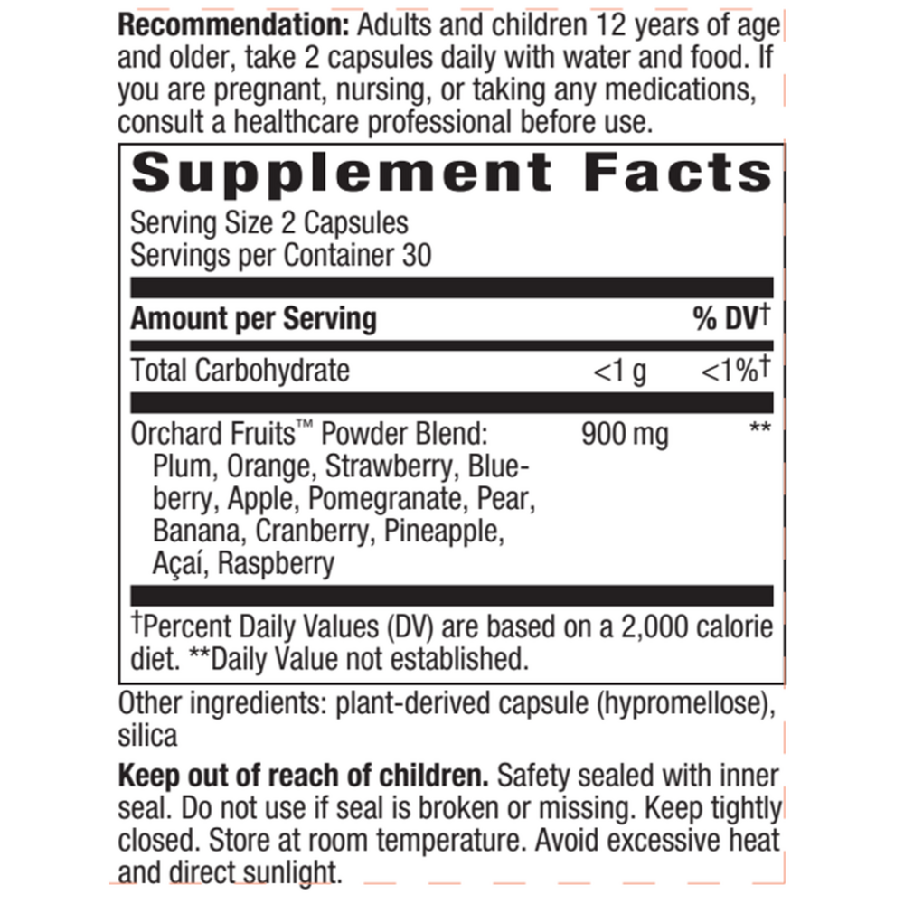 Orchard Fruits Supplement Facts Label