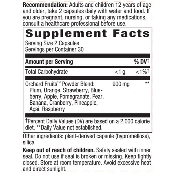 Orchard Fruits Supplement Facts Label