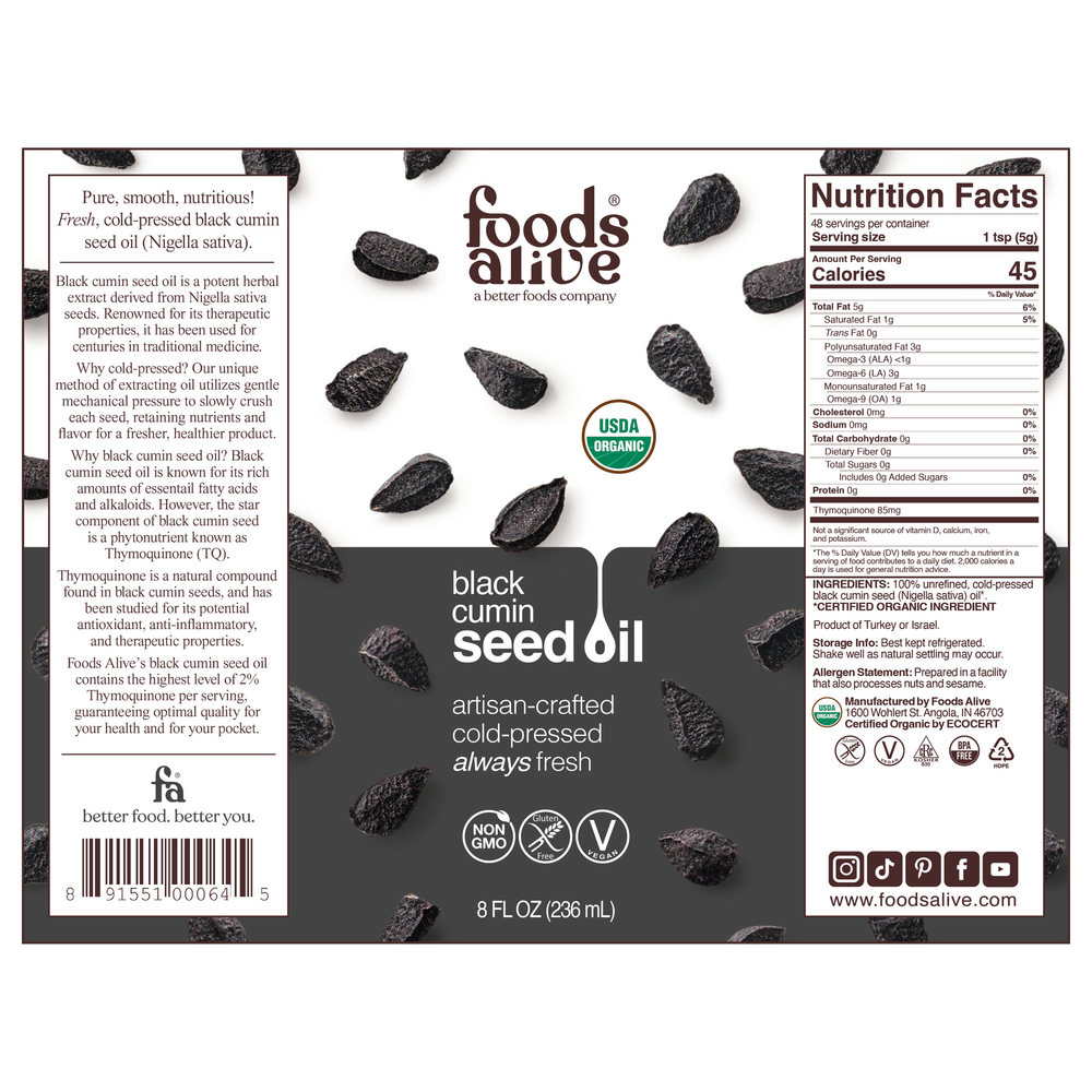 Black Seed (Cumin) Oil Supplement Facts Label
