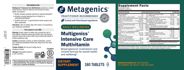 Multigenics Intensive Care without Iron Supplement Facts Label