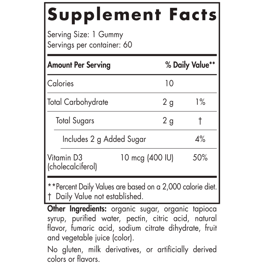 Vitamin D3 Gummies Kids Supplement Facts Label