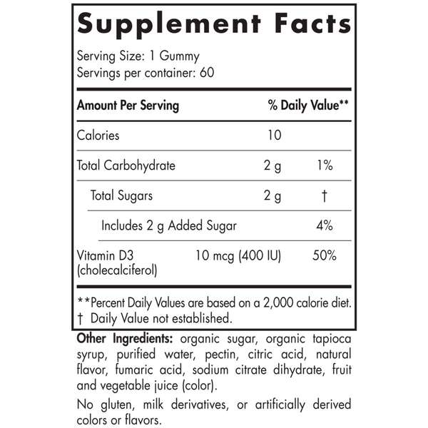 Vitamin D3 Gummies Kids Supplement Facts Label