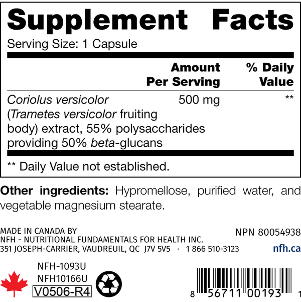 Coriolus Versicolor SAP Supplement Facts Label