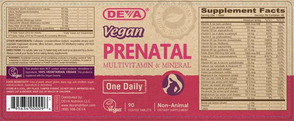Vegan Prenatal Multivitamin Supplement Facts Label