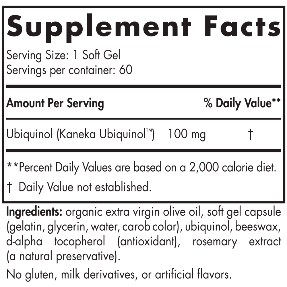 Nordic CoQ10 Ubiquinol 60 Soft Gels Supplement Facts Label