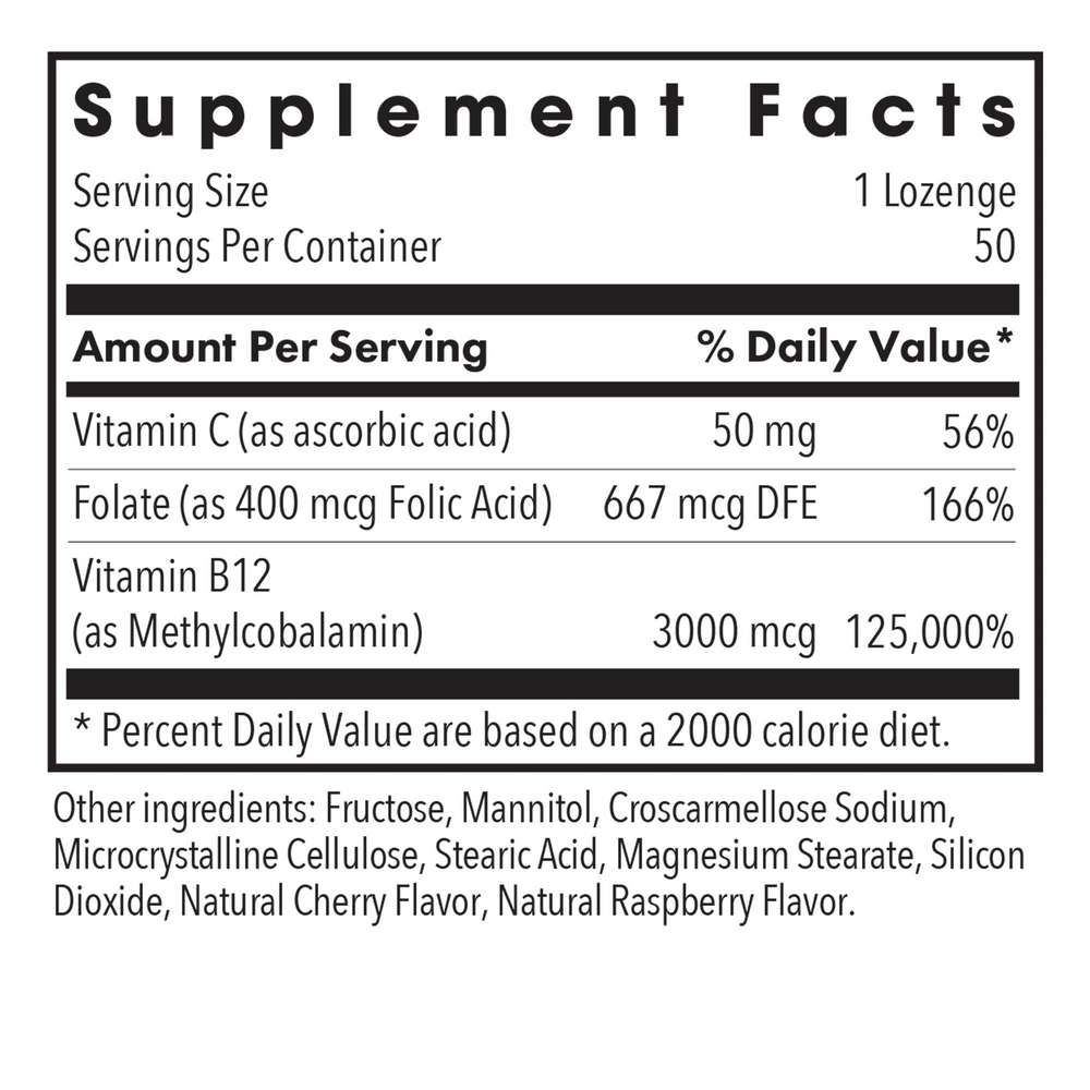 B12 Methylcobalamin Supplement Facts Label