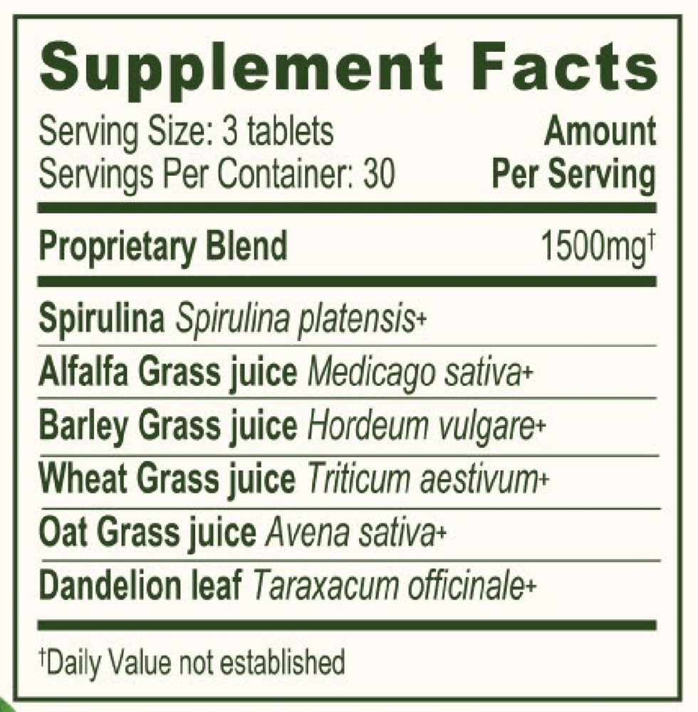 Everyday Greens Tablets Organic Supplement Facts Label