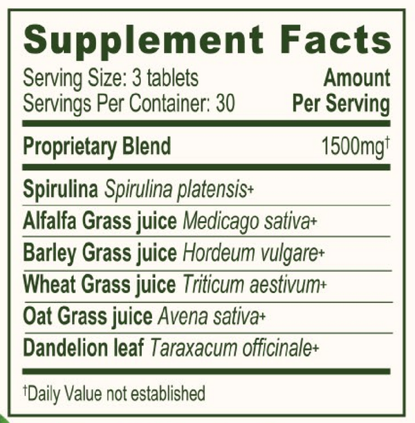 Everyday Greens Tablets Organic Supplement Facts Label
