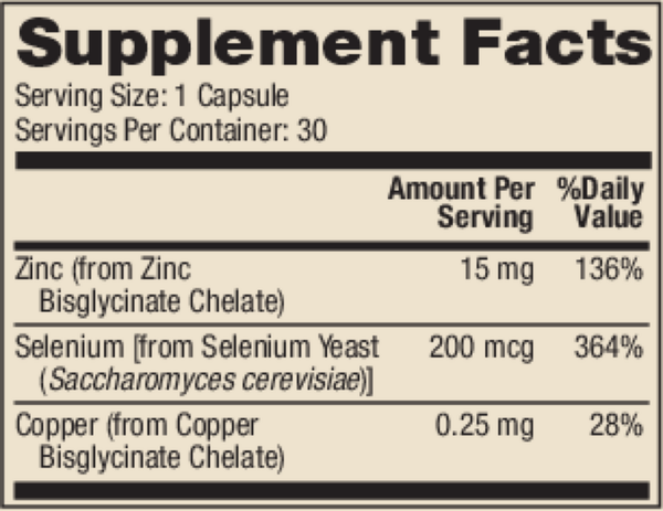 Zinc Plus Selenium Supplement Facts Label