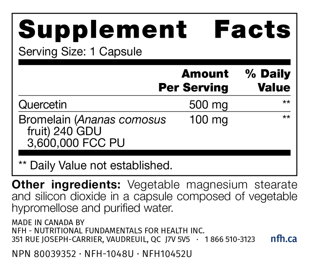 Quercetin SAP Supplement Facts Label
