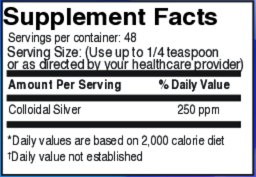 Colloidal Silver 250 ppm Supplement Facts Label
