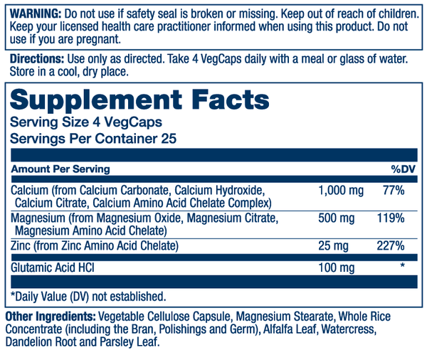 Calcium Magnesium Zinc Supplement Facts Label