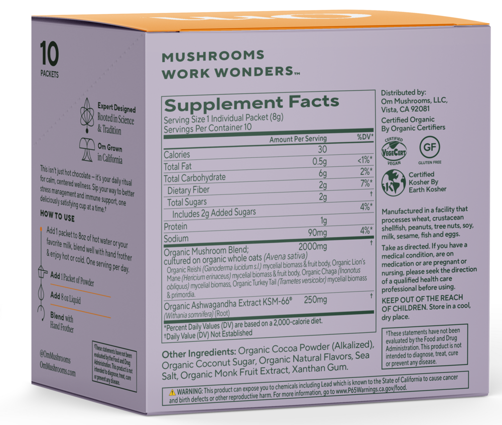 Mushroom Hot Chocolate 10 Pack Supplement Facts Label