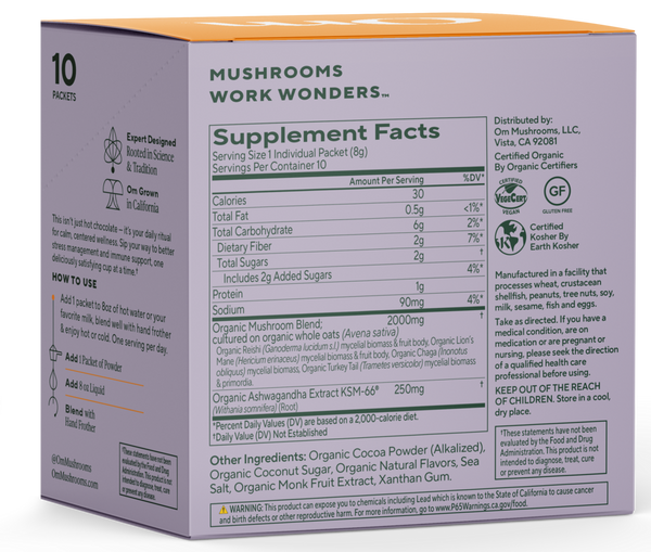 Mushroom Hot Chocolate 10 Pack Supplement Facts Label