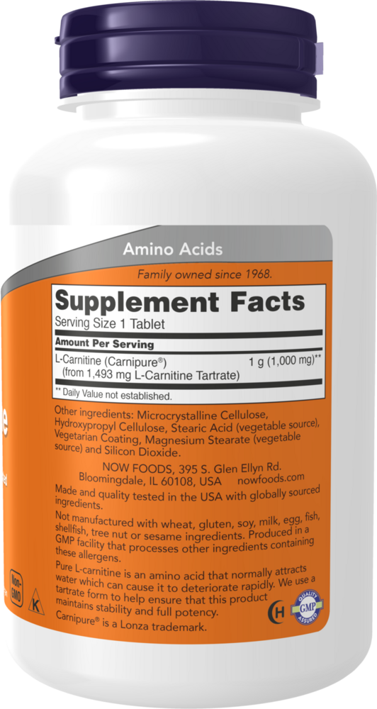 L-Carnitine 1000 mg - 100 Tablets Supplement Facts Label
