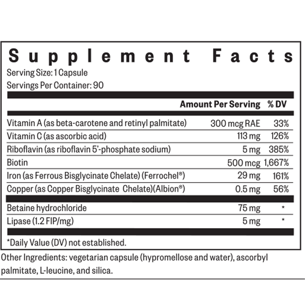 Iron with Cofactors (Formerly Optimal Iron) Supplement Facts Label