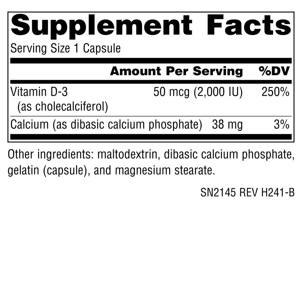 Vitamin D-3 2000 IU Supplement Facts Label