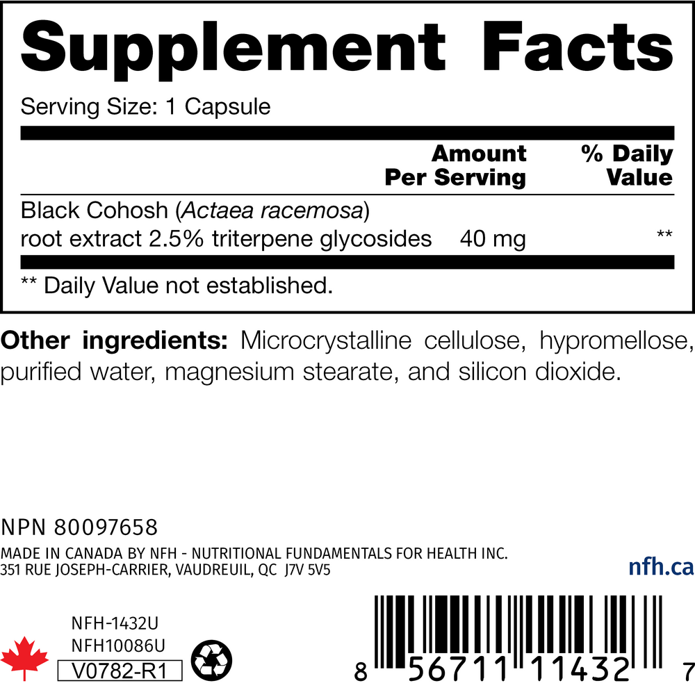 Black Cohosh SAP Supplement Facts Label