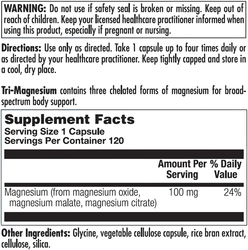 Tri-Magnesium Supplement Facts Label