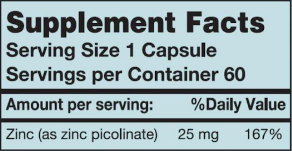 Zinc Picolinate 25 mg Supplement Facts Label