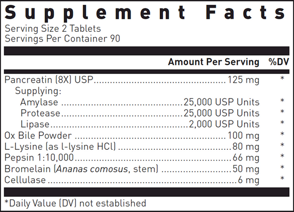 Ultrazyme 180 Count Supplement Facts Label