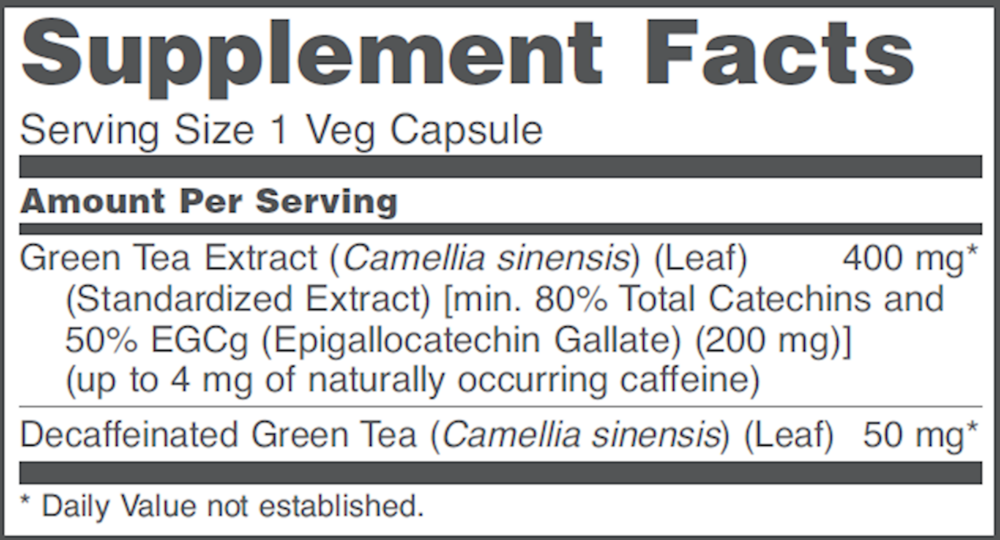 EGCg Green Tea Extract Supplement Facts Label